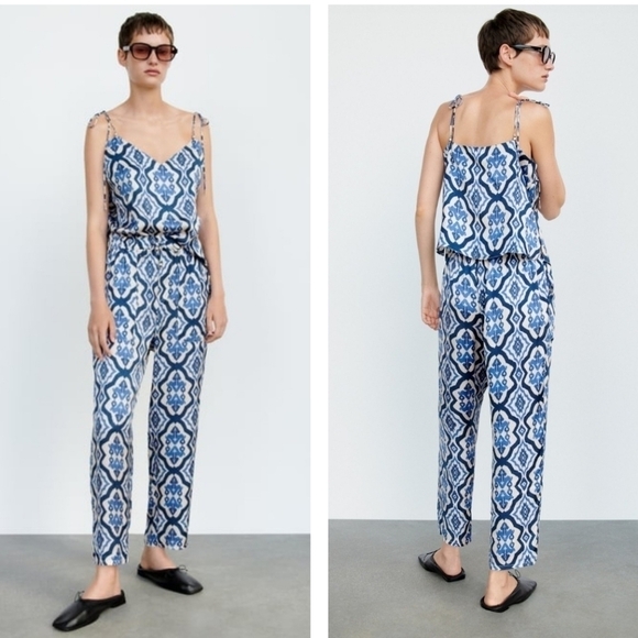 Zara Satin Silky Abstract Print Joggers And Tied Top Set In Cream & Blue Size S